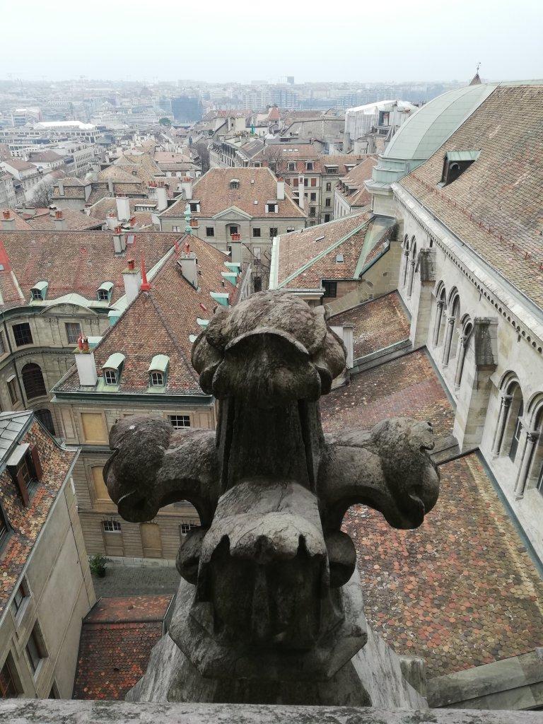 圣塔芭芭拉尖顶的照片. 瑞士日内瓦的皮埃尔大教堂