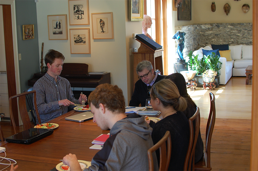 Paul Harding eating with RWU students